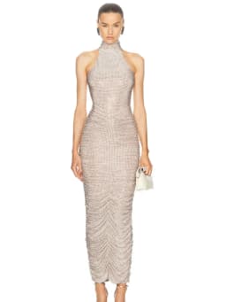 2025 Women Celebrity Sexy Sleeveless Diamonds Backless Ruched Beige Maxi Long Gowns Dress Elegant Evening Party Club Vestido
