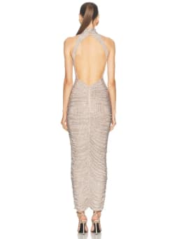 2025 Women Celebrity Sexy Sleeveless Diamonds Backless Ruched Beige Maxi Long Gowns Dress Elegant Evening Party Club Vestido