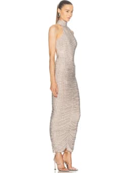 2025 Women Celebrity Sexy Sleeveless Diamonds Backless Ruched Beige Maxi Long Gowns Dress Elegant Evening Party Club Vestido
