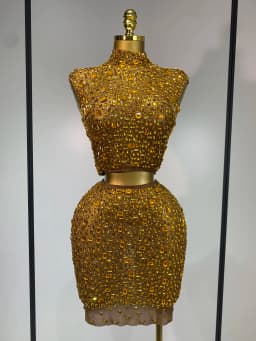 Luxury Rhinestone Mesh See Through Celebrate Birthday Dress Sparkly Top Short Skirt Two Pieces Sets Performance Stage Costume