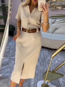 Women Fashion Hight Waist Solid Party Dress Elegant Short Sleeve Split Straight Dress Sexy V-neck Single breasted Midi Dress