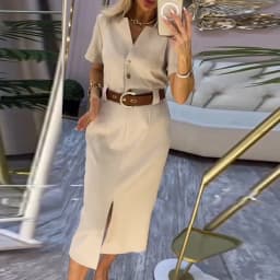 Women Fashion Hight Waist Solid Party Dress Elegant Short Sleeve Split Straight Dress Sexy V-neck Single breasted Midi Dress