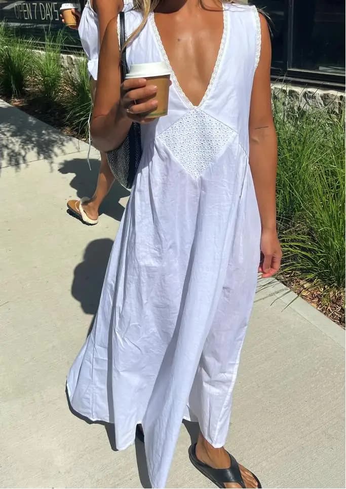 Women Comfortable Casual Vintage Cotton Robe Dress Summer Solid Color V Neck Pullover Sleeveless Gown Hot Sale S M L