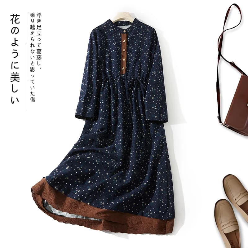 2024 Print Floral Patchwork Vintage Autumn Dress Draw String Office Lady Outdoor Work Dress Fashion Women Casual Spring Dress