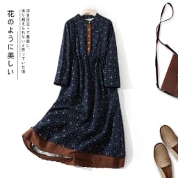 2024 Print Floral Patchwork Vintage Autumn Dress Draw String Office Lady Outdoor Work Dress Fashion Women Casual Spring Dress