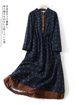 2024 Print Floral Patchwork Vintage Autumn Dress Draw String Office Lady Outdoor Work Dress Fashion Women Casual Spring Dress