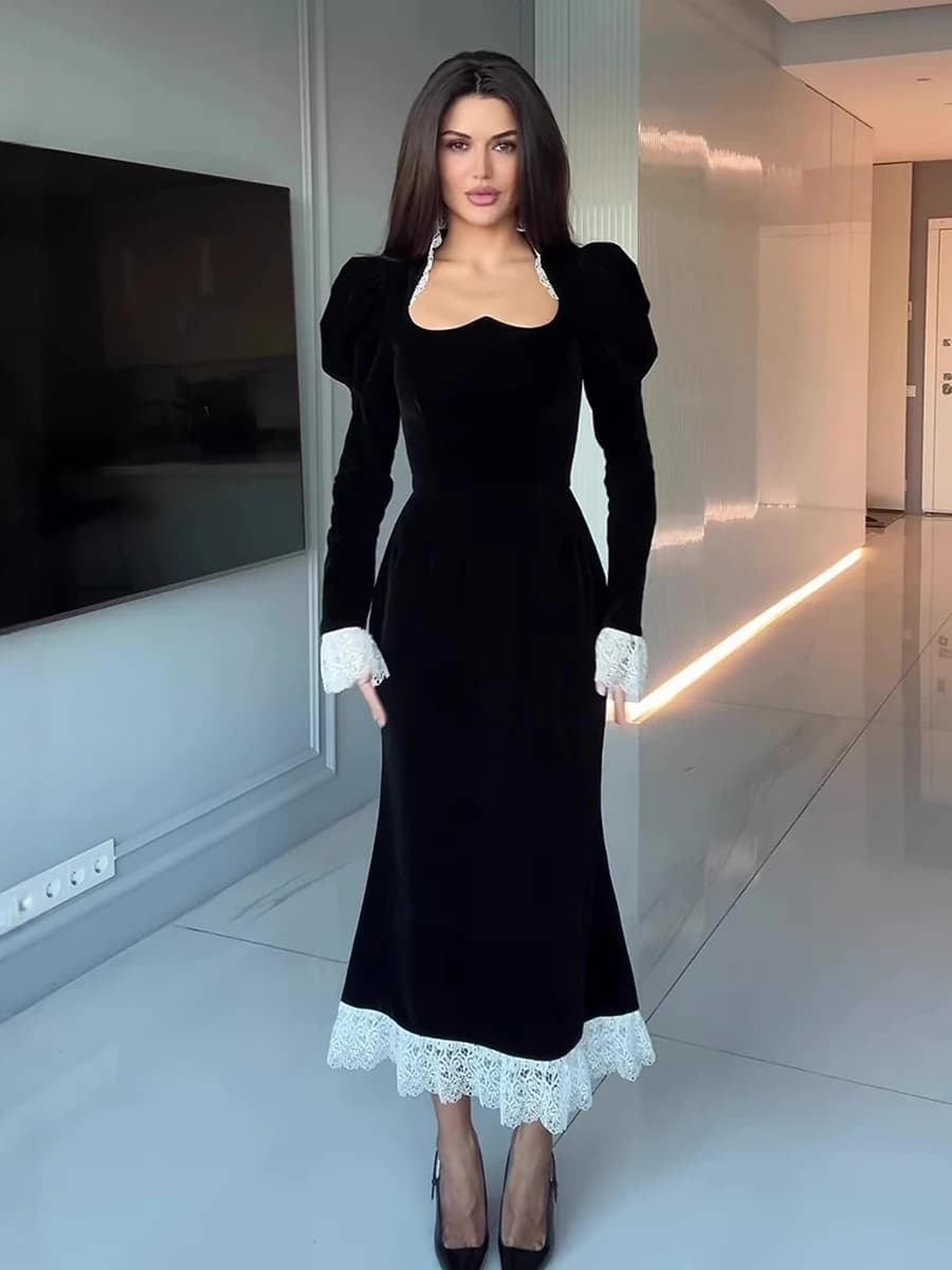 Elegant Velvet Mermaid Dress Lace Patchwork Cuff Women High Waist Long Dress Party Club Black Evening Gown 2026 Lady Chic Robe
