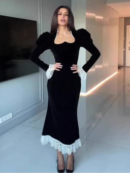 Elegant Velvet Mermaid Dress Lace Patchwork Cuff Women High Waist Long Dress Party Club Black Evening Gown 2026 Lady Chic Robe