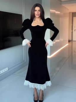Elegant Velvet Mermaid Dress Lace Patchwork Cuff Women High Waist Long Dress Party Club Black Evening Gown 2026 Lady Chic Robe