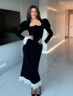 Elegant Velvet Mermaid Dress Lace Patchwork Cuff Women High Waist Long Dress Party Club Black Evening Gown 2026 Lady Chic Robe