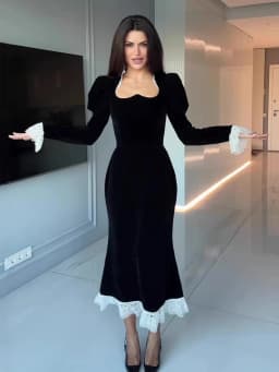 Elegant Velvet Mermaid Dress Lace Patchwork Cuff Women High Waist Long Dress Party Club Black Evening Gown 2026 Lady Chic Robe