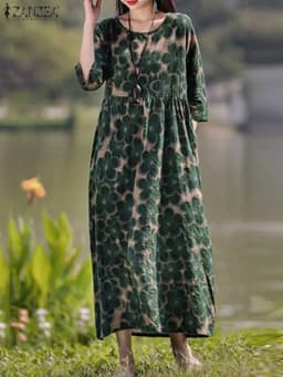 ZANZEA Bohemian Floral Printed Dress Autumn Long Sleeve O-Neck Maxi Robe Woman Casual Holiday Sundress Elegant Party Vestidos