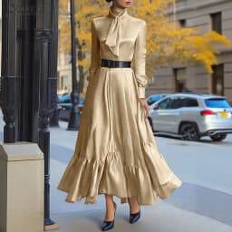 ZANZEA Elegant Women Satin Silk Party Maxi Dress Tie Neck Long Sleeve Ruffled Hem Long Dress Evening Cocktail Glossy Robes Femme