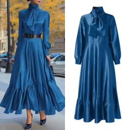 ZANZEA Elegant Women Satin Silk Party Maxi Dress Tie Neck Long Sleeve Ruffled Hem Long Dress Evening Cocktail Glossy Robes Femme