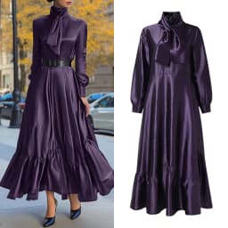 ZANZEA Elegant Women Satin Silk Party Maxi Dress Tie Neck Long Sleeve Ruffled Hem Long Dress Evening Cocktail Glossy Robes Femme