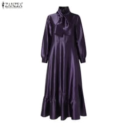 ZANZEA Elegant Women Satin Silk Party Maxi Dress Tie Neck Long Sleeve Ruffled Hem Long Dress Evening Cocktail Glossy Robes Femme
