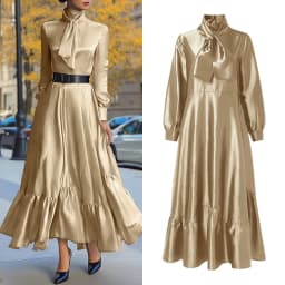 ZANZEA Elegant Women Satin Silk Party Maxi Dress Tie Neck Long Sleeve Ruffled Hem Long Dress Evening Cocktail Glossy Robes Femme