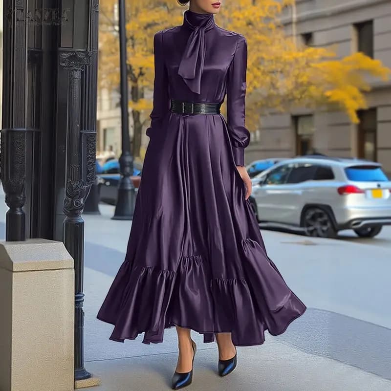 ZANZEA Elegant Women Satin Silk Party Maxi Dress Tie Neck Long Sleeve Ruffled Hem Long Dress Evening Cocktail Glossy Robes Femme