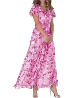 Women Elegant Flower Long Dress Casual Ruffle Short Sleeve V Neck Lace-up Party Dresses 2025 Boho Style High Waist Dress Female
