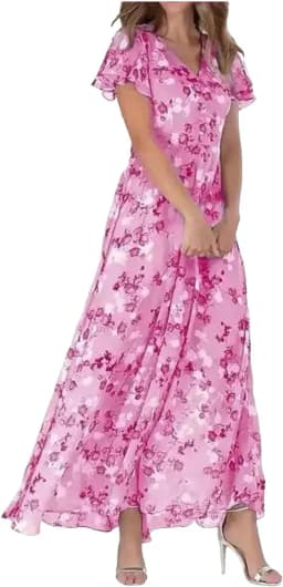 Women Elegant Flower Long Dress Casual Ruffle Short Sleeve V Neck Lace-up Party Dresses 2025 Boho Style High Waist Dress Female