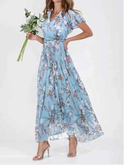 Women Elegant Flower Long Dress Casual Ruffle Short Sleeve V Neck Lace-up Party Dresses 2025 Boho Style High Waist Dress Female