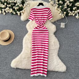 YuooMuoo Chic Fashion Sexy Wrap Hips Knitted Maxi Dress 2026 Summer Women Single-breasted Stripes Sweater Dress Streetwear Robes