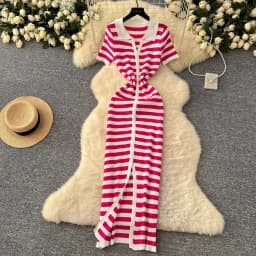 YuooMuoo Chic Fashion Sexy Wrap Hips Knitted Maxi Dress 2026 Summer Women Single-breasted Stripes Sweater Dress Streetwear Robes