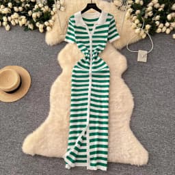 YuooMuoo Chic Fashion Sexy Wrap Hips Knitted Maxi Dress 2026 Summer Women Single-breasted Stripes Sweater Dress Streetwear Robes