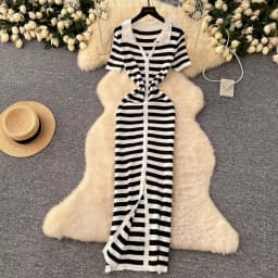 YuooMuoo Chic Fashion Sexy Wrap Hips Knitted Maxi Dress 2026 Summer Women Single-breasted Stripes Sweater Dress Streetwear Robes