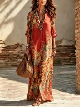 Women Print Boho Shirt Maxi Dress Long Sleeve Button Down Dress Vintage Casual Party Robe Fashion Vacation Dresses Lady Vestidos