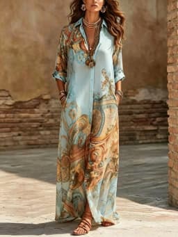Women Print Boho Shirt Maxi Dress Long Sleeve Button Down Dress Vintage Casual Party Robe Fashion Vacation Dresses Lady Vestidos
