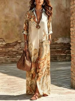 Women Print Boho Shirt Maxi Dress Long Sleeve Button Down Dress Vintage Casual Party Robe Fashion Vacation Dresses Lady Vestidos
