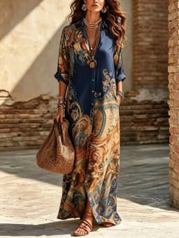 Women Print Boho Shirt Maxi Dress Long Sleeve Button Down Dress Vintage Casual Party Robe Fashion Vacation Dresses Lady Vestidos