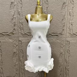 Women Sleeveless Sexy Square Collar Shinning Crystal Ruffles Bodycon Mini Bandage Dress Nightclub Party Birthday Wear
