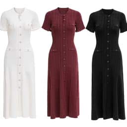 Summer Solid Round Neck Short Sleeved Office Lady Knitted Dress Women Korean Single Breasted Hollow Out Long Dress Fashion Trend