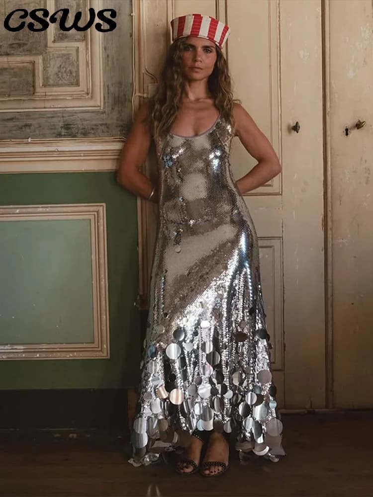 Sexy Sequined Long Dress Women Sling Sleeveless Backless Hollow Out Female Party Dresses 2026 Spring U-neck Lady Robe