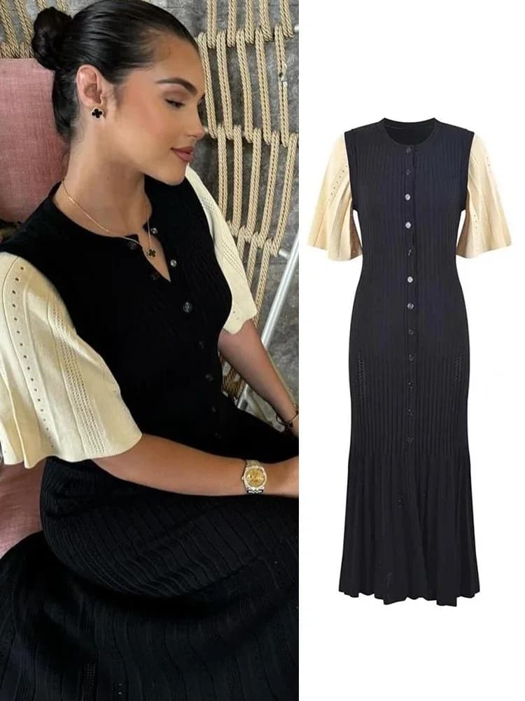 Chic Patchwork Knitted Maxi Dress For Women elegant Short Sleeve Hollow Out Ribbed Long Dresses O-Neck High Waist Lady Knitwear