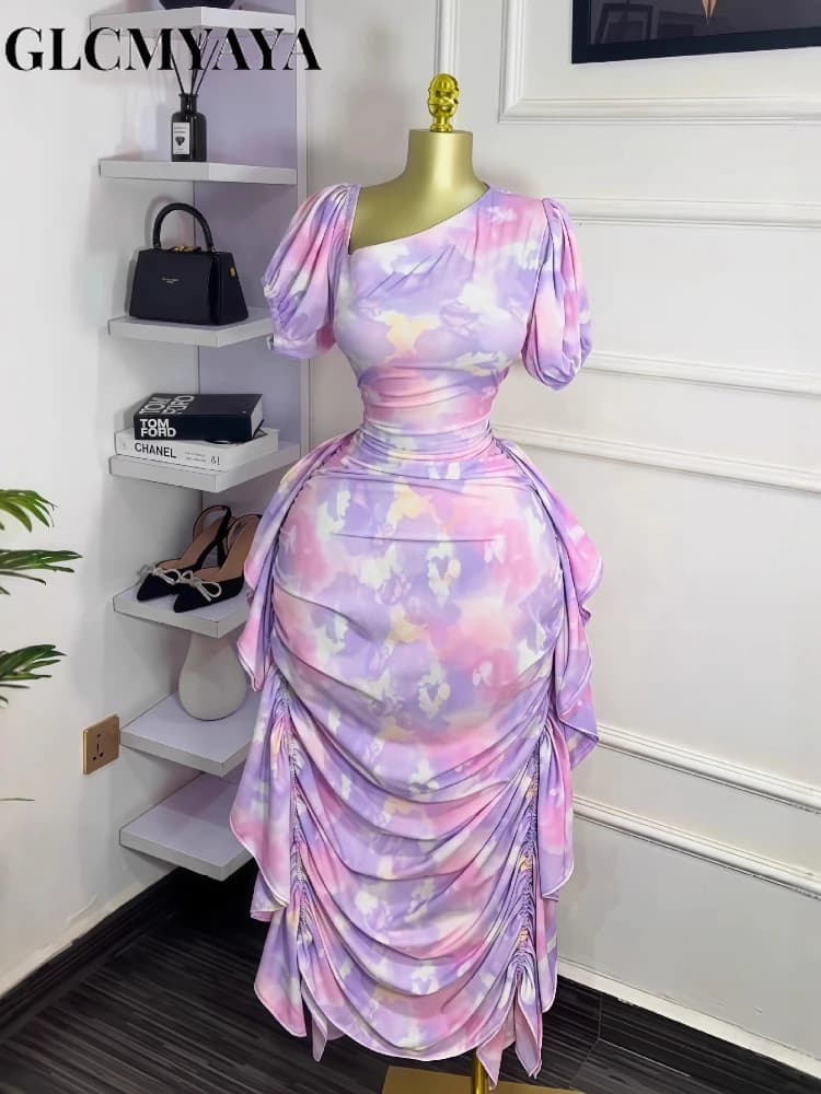 GLCMYAYA Women Tie Dye Printed Skew Neck Ruched Stacked Bodycon Midi Maxi Long Dress 2025 Vacation Holiday Sexy Vestidos Dresses