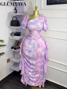 GLCMYAYA Women Tie Dye Printed Skew Neck Ruched Stacked Bodycon Midi Maxi Long Dress 2025 Vacation Holiday Sexy Vestidos Dresses