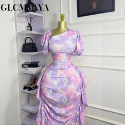 GLCMYAYA Women Tie Dye Printed Skew Neck Ruched Stacked Bodycon Midi Maxi Long Dress 2025 Vacation Holiday Sexy Vestidos Dresses