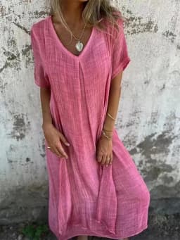 Women's Short-sleeved Cotton and Linen Dress V-neck Loose Large Size Casual Vacation Street Thin Long Skirt