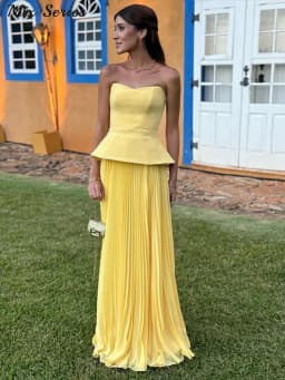 Fashion Yellow Skirts Sets Women's Slim Sleeveless Backless Strapless Tops High Waist Pleated Skirt 2026 Summer Lady Holiday Rob