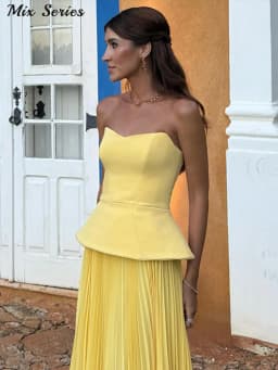 Fashion Yellow Skirts Sets Women's Slim Sleeveless Backless Strapless Tops High Waist Pleated Skirt 2026 Summer Lady Holiday Rob