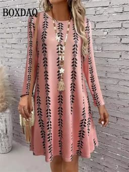 2025 New Autumn Women’s Long Sleeve Dress Casual O-Neck Mini Dresses Fashion Elegant Colorful Striped 3D Printed A-Line Dresses