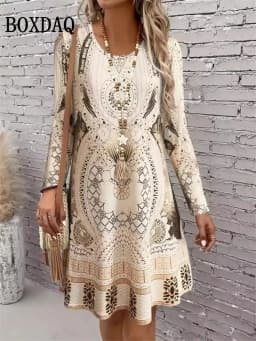 2025 New Autumn Women’s Long Sleeve Dress Casual O-Neck Mini Dresses Fashion Elegant Colorful Striped 3D Printed A-Line Dresses