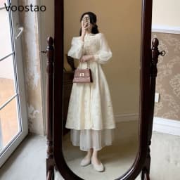 Chinese Style Vintage Spring Autumn Women Chic Lantern Sleeve Slim Cheongsam Dress Female Elegant 2 Pieces Fairy Party Dresses
