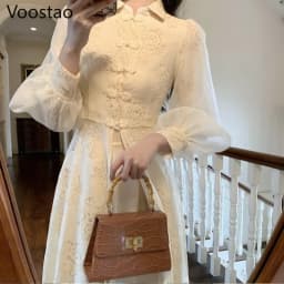 Chinese Style Vintage Spring Autumn Women Chic Lantern Sleeve Slim Cheongsam Dress Female Elegant 2 Pieces Fairy Party Dresses