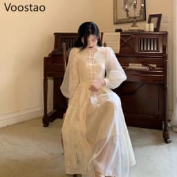 Chinese Style Vintage Spring Autumn Women Chic Lantern Sleeve Slim Cheongsam Dress Female Elegant 2 Pieces Fairy Party Dresses