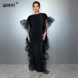 WINYI Solid Color Pleated Elastic Slim Dress Beach Wear Kaftan Abaya Dubai Luxury Party Dress Evening Dress Abaya Muslim Woman