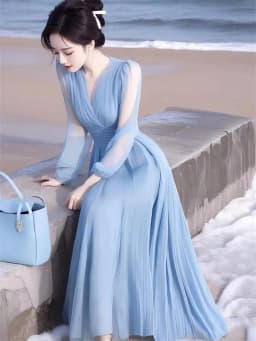 Elegant V-Neck Solid Color Loose Ruffles Long Dress Women's Clothing 2026 Summer New Long Sleeves Blue Chiffon Lady Party Dress